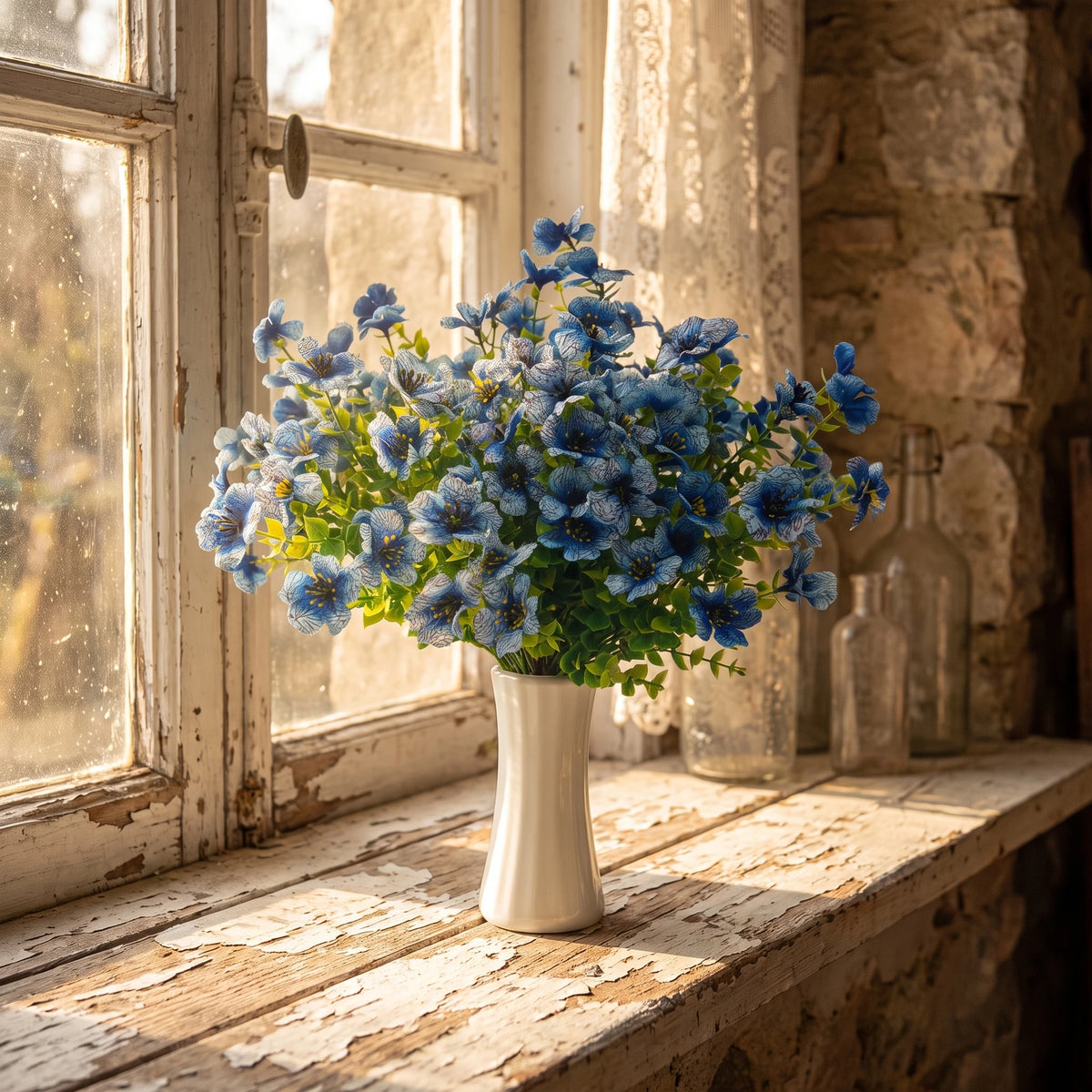 8 Bundles Realistic UV Resistant Artificial Blue Flowers, Outdoor