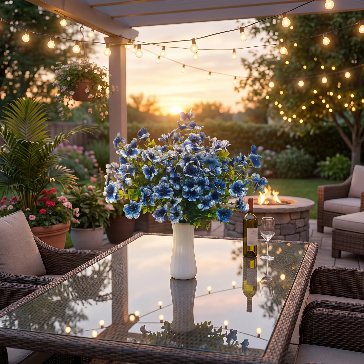 8 Bundles Realistic UV Resistant Artificial Blue Flowers, Outdoor