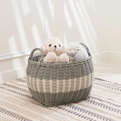 Resin Woven Wicker Storage Basket with Handles,18" x 15" x 11.4"White-Gray...