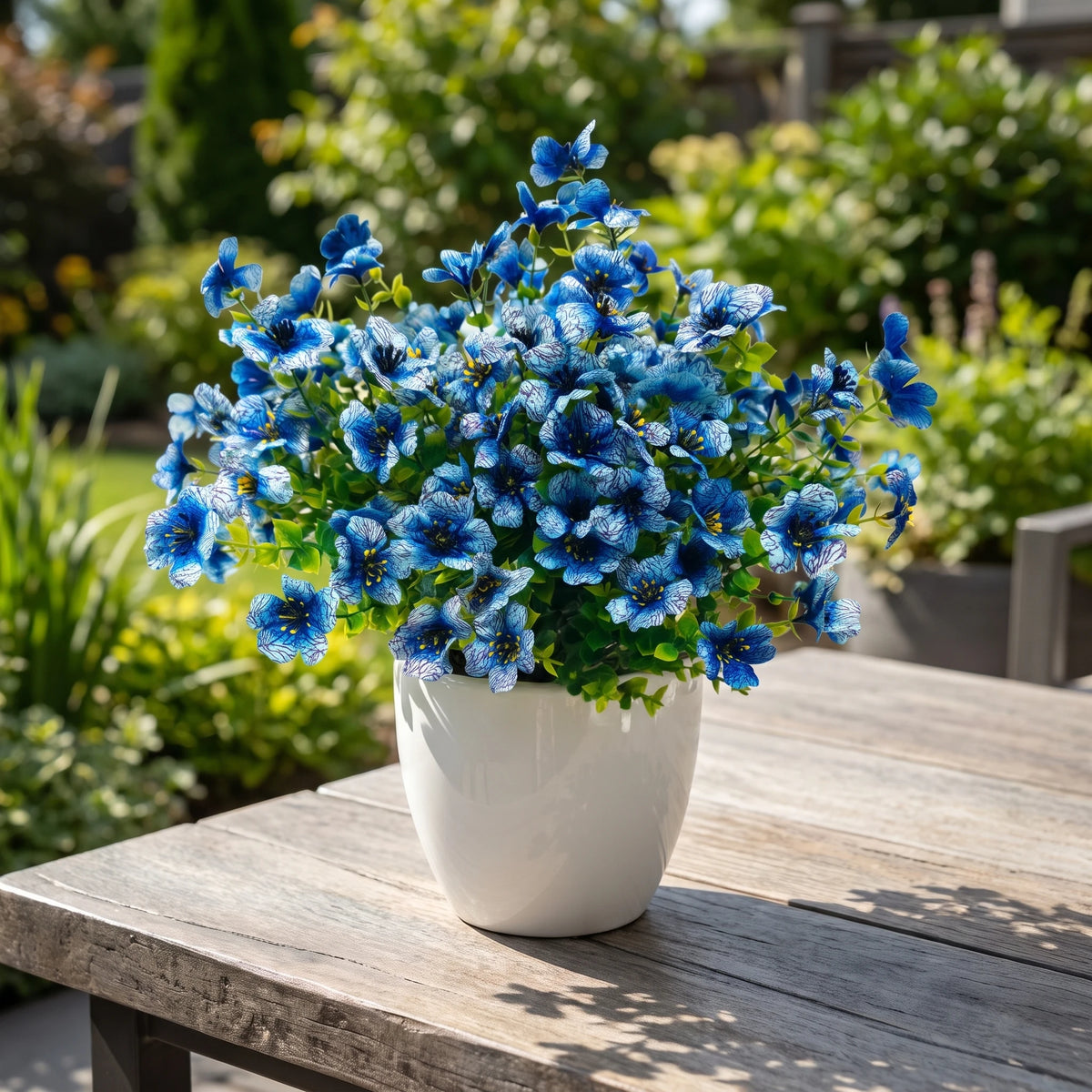 8 Bundles Realistic UV Resistant Artificial Blue Flowers, Outdoor