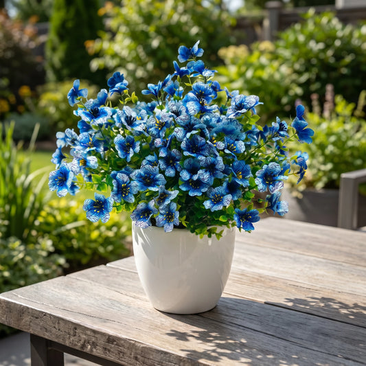 8 Bundles Realistic UV Resistant Artificial Blue Flowers, Outdoor