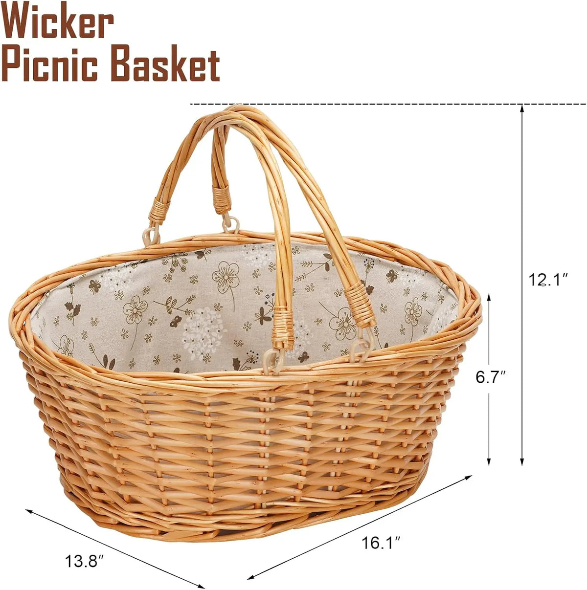 Large Natural Willow Wicker Basket with Double Folding Handles. 16 Inch.....