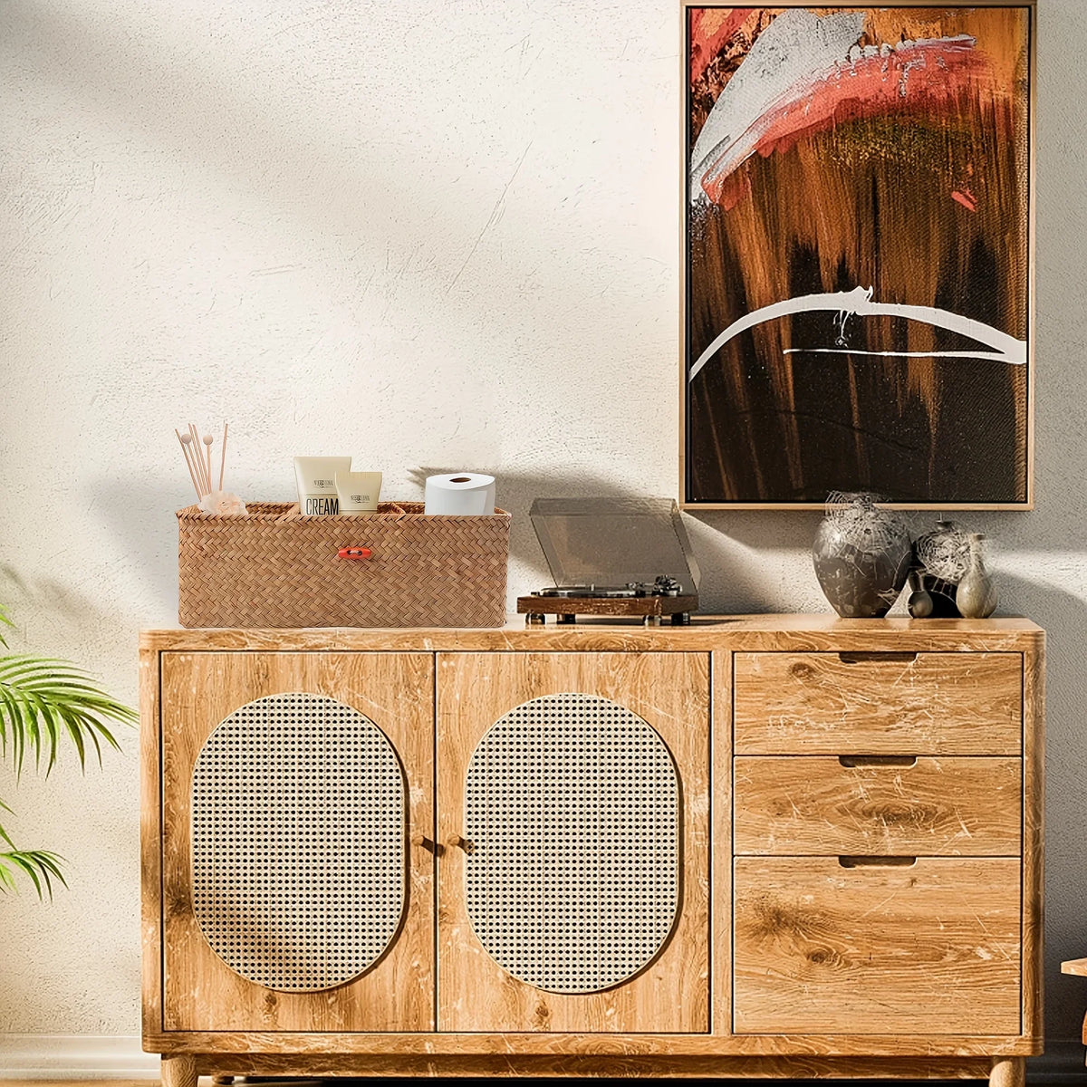 1 Bohemian style storage basket with lid, woven Wicker, with red button closure....