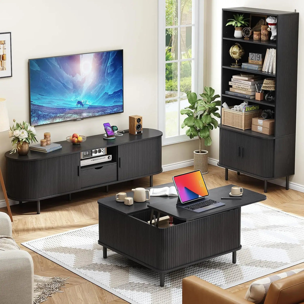 71 Inch Sliding Door Wooden Bookshelf with Adjustable Shelves, Freestanding.....