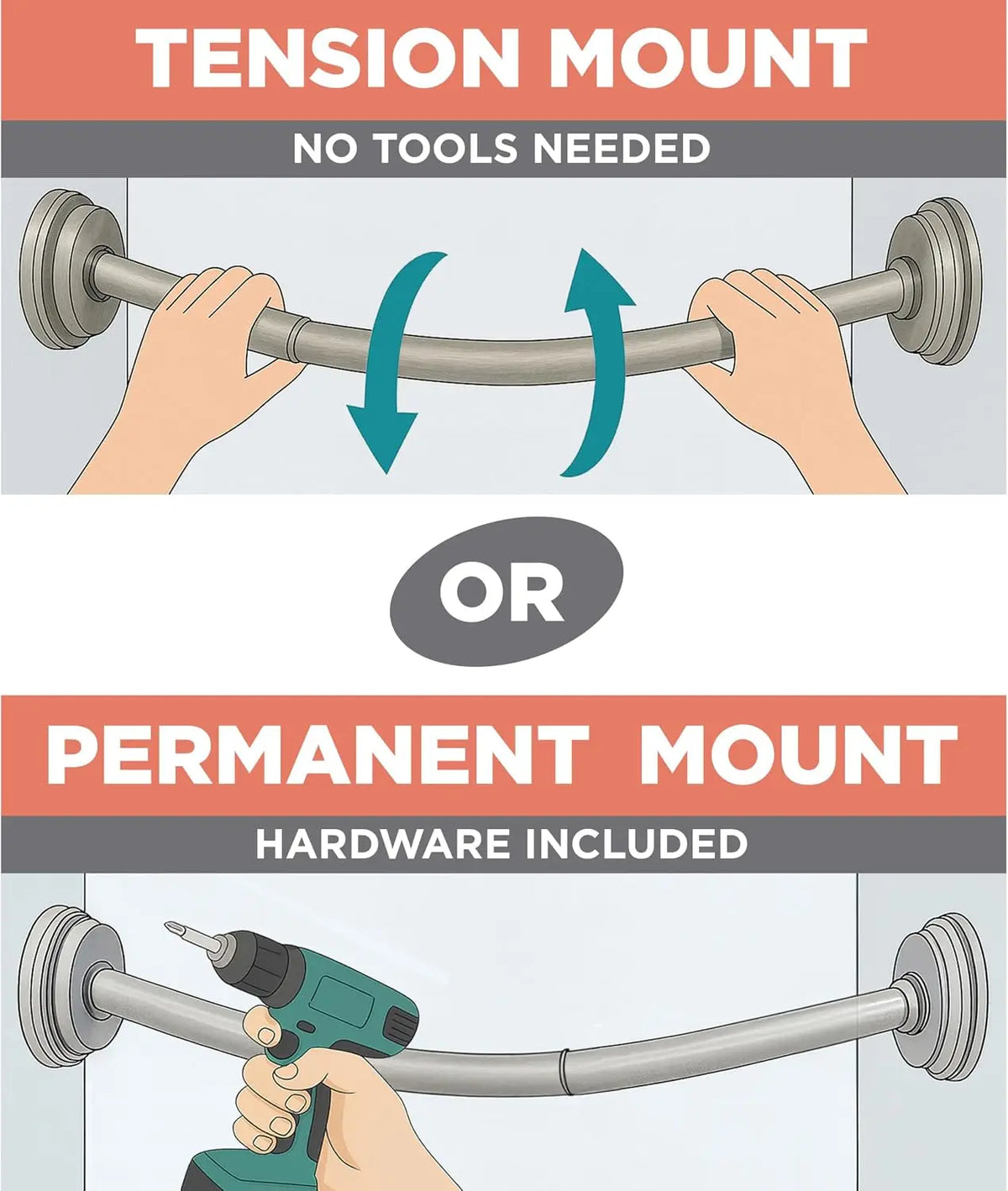 Rustproof Curved Shower Rod, No Drill Tension Mount Adjustable 50-72in, Easy Install