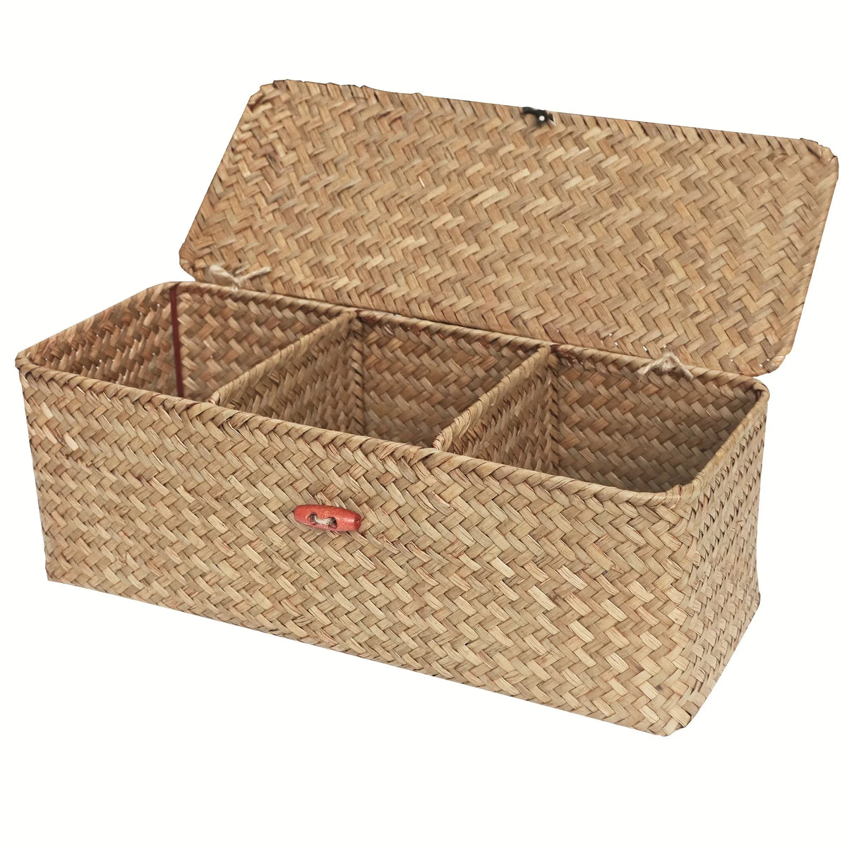 1 Bohemian style storage basket with lid, woven Wicker, with red button closure....