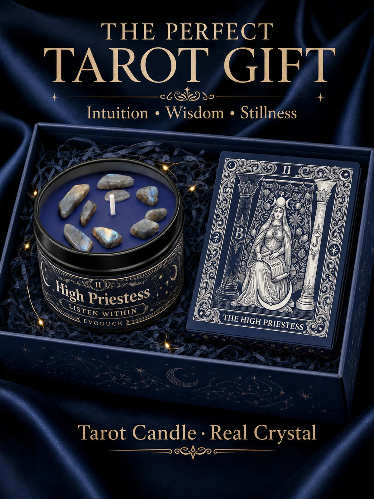 The High Priestess Tarot Candle with Blue Grey Crystal Stones, 3/2/1 Sets, Scented for Meditation, 3 Oz