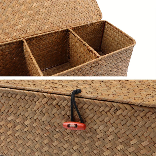1 Bohemian style storage basket with lid, woven Wicker, with red button closure....