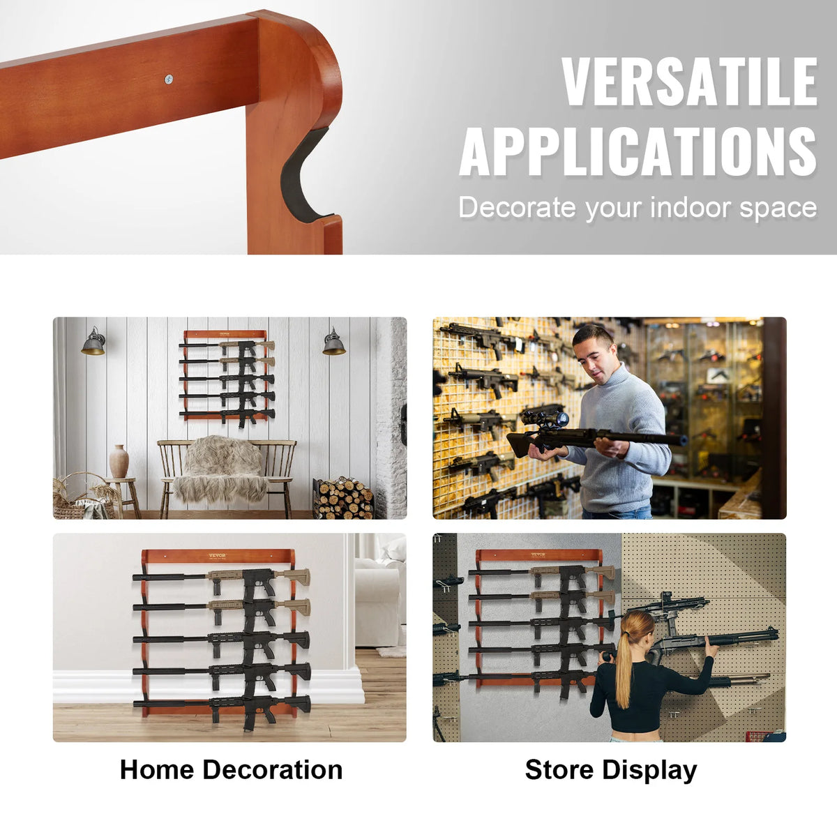 Wood Gun Rack Wall Mount 4/5Rifles Shotguns 132lbs, w/Soft Padding