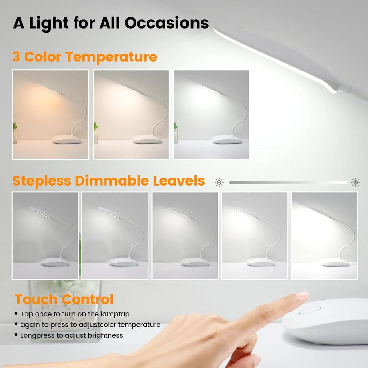 Rechargeable Touch Control Lamp, , Flexible Gooseneck Arm, Wireless