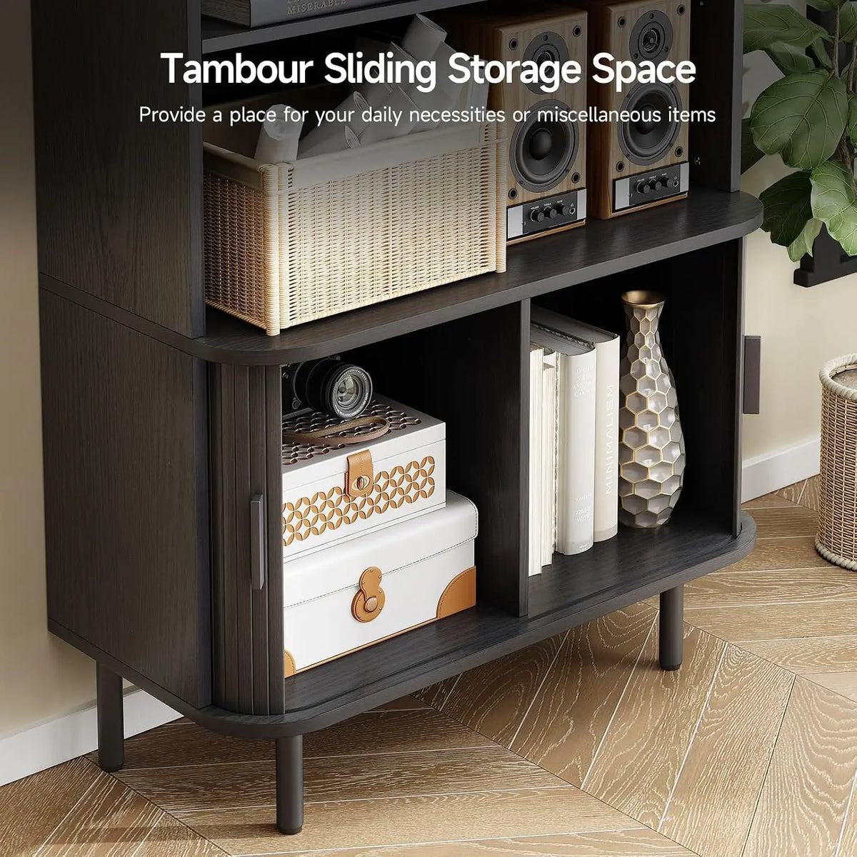 71 Inch Sliding Door Wooden Bookshelf with Adjustable Shelves, Freestanding.....