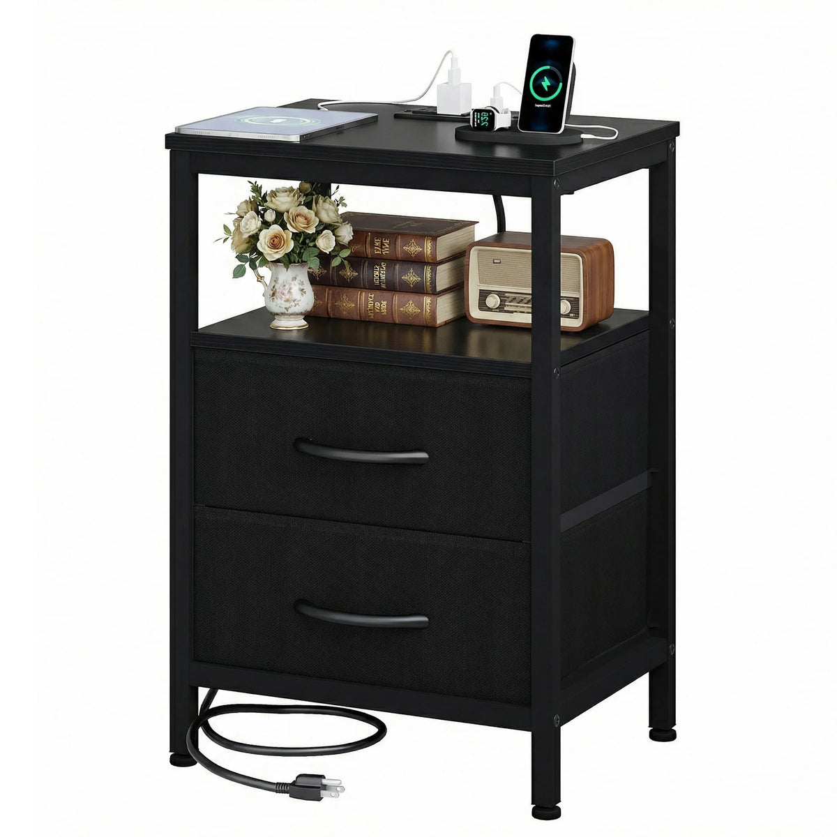 2 Fabric Drawers Bedside Night Stand with Open Shelf USB Ports