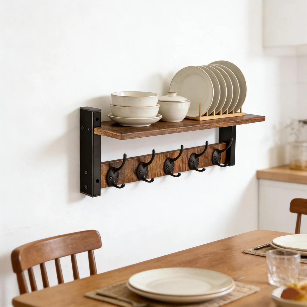 Wooden Wall Mounted Coat Rack with 5 Hooks