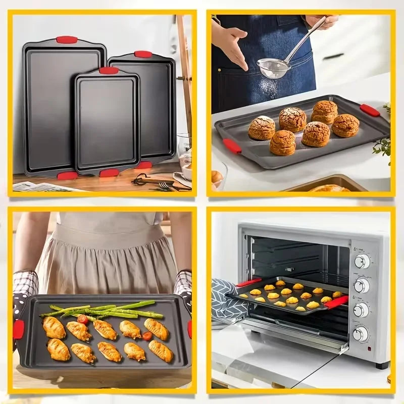 3Pcs Carbon Steel Non‑Stick Baking Pan Set With Red Silicone Handle....