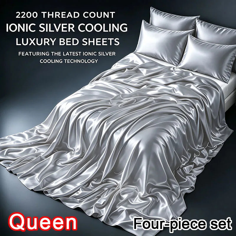 Luxury 100% Bamboo Fiber 100% Satin Silk‑Like Bedding 4‑Piece Set Duvet Cover Fitted Sheet Pillowcase Set, Twin Full Queen King