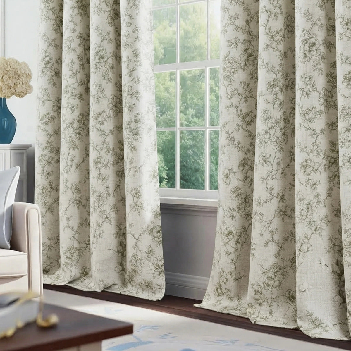 Botanical Green Floral Blackout Curtains 4 Panels Set, Total Blackout, with White Coating Backing, 4 Sizes.....