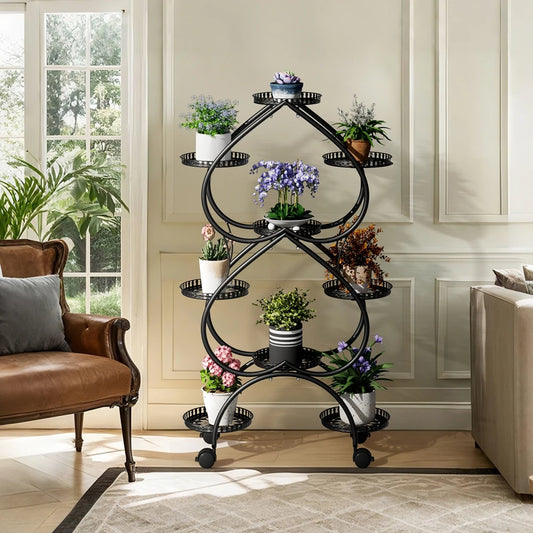 Metal Plant Stand 9-Pot Diameter 9.84 inch, Rolling Display Rack With Wheels Indoor Outdoor, 28.74x11.81x48.82 inches