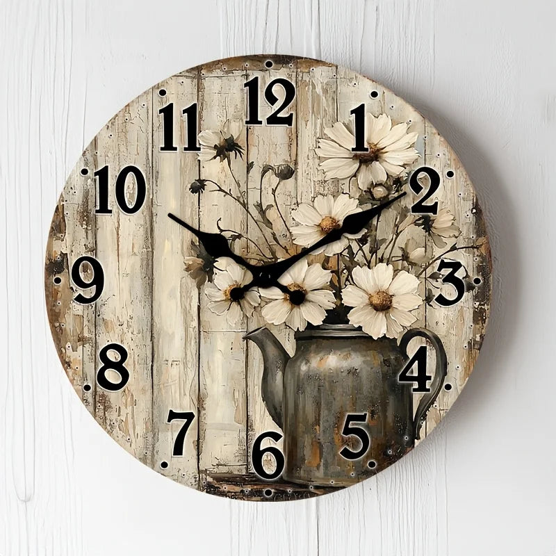 Wooden Wall Clock, Design with a Vintage Teapot With White Daisy, Available in 4 Sizes