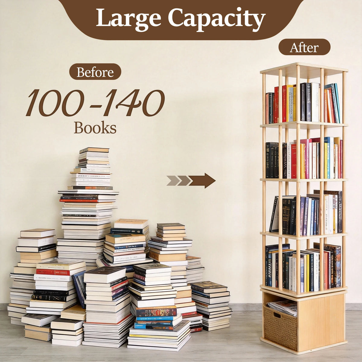 5-Tier Rotating Bookshelf, Solid Wood Bookcase, Freestanding Revolving Shelf.....