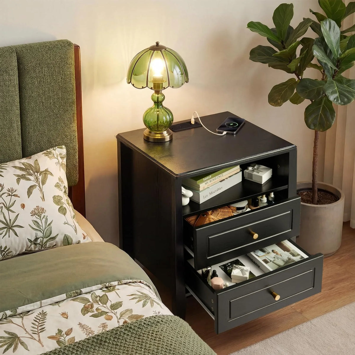 Nightstand with Charging Station 2 Drawers and Open Shelf with USB Type C Port AC Outlet