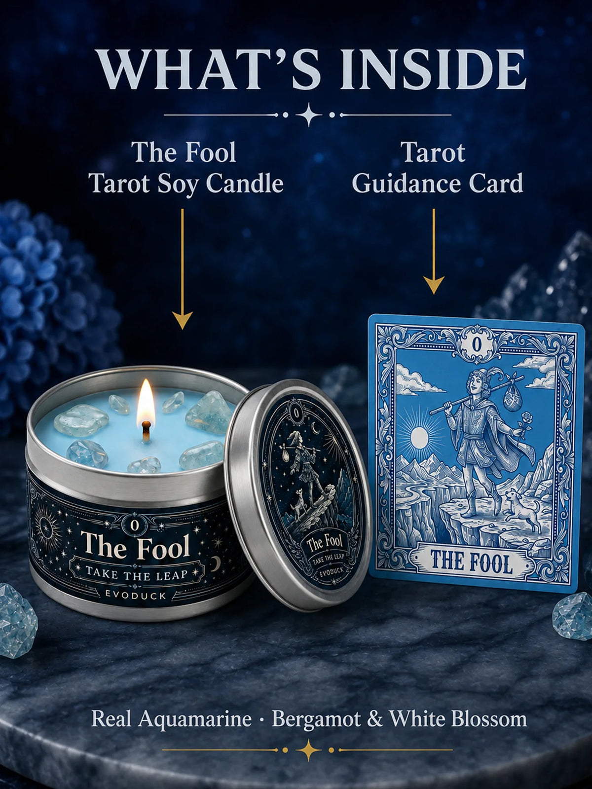 The Fool Tarot Candle, Bergamot & White Blossom Scented Candle3 Oz., with Clear Crystal Stones, Candle for Meditation, New Beginnings, 3/2/1 Sets...