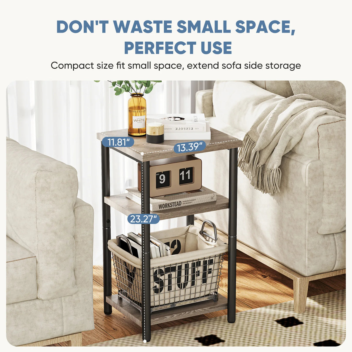 3 Tier End Table Storage Shelf with Adjustable Feet