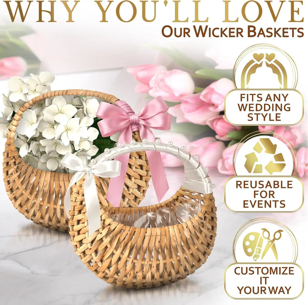 Flower Girl Basket Set of 2, Rattan Handwoven Wicker Baskets with Handle, 6.3" x 5.12" x 3.75", Waterproof Lining; for Wed