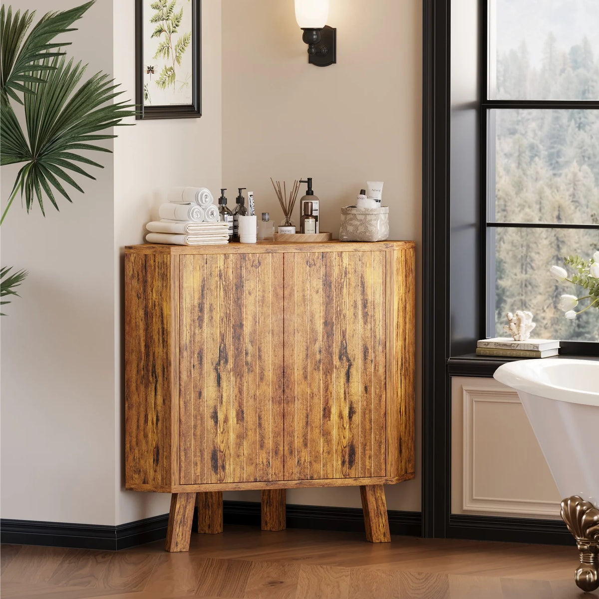 Rustic Wooden Corner Storage Cabinet with Adjustable Shelf....