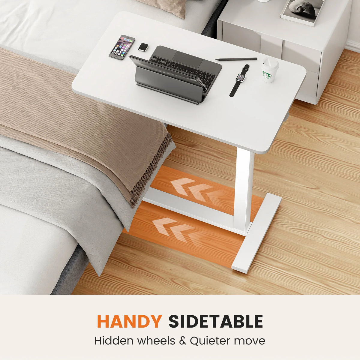 JHK Overbed Bedside table with Hidden Wheels Adjustable Height
