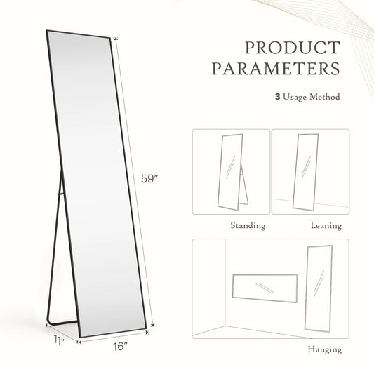 59x16 Inch Full Length Mirror with Stand Tempered Glass Aluminum Frame, Standing or Wall Mount ....