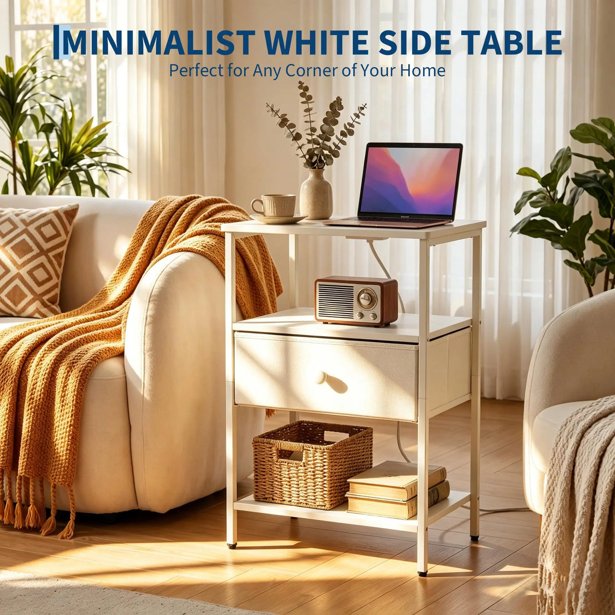 Nightstand With Charging Station, 3-Tier With Fabric Drawer, Metal Frame
