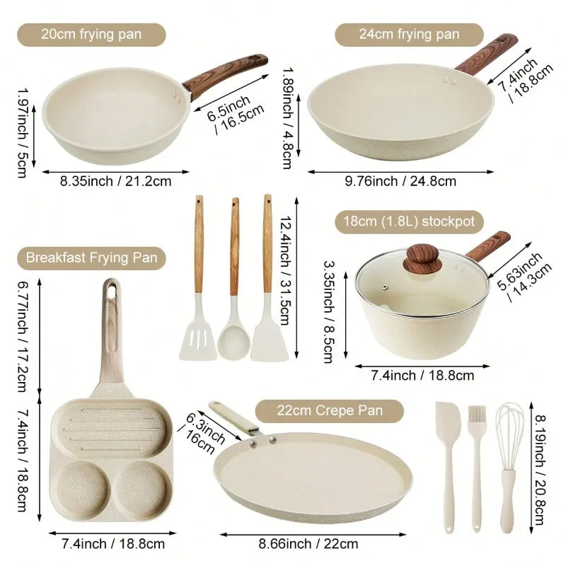 12Pcs Cream Granite Nonstick Cookware Set, With Silicone Cooking Utensils.....
