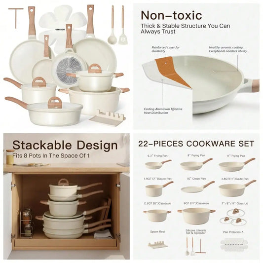 22 Pcs Ceramic Cookware Set Nonstick With Lid Cream White Granite