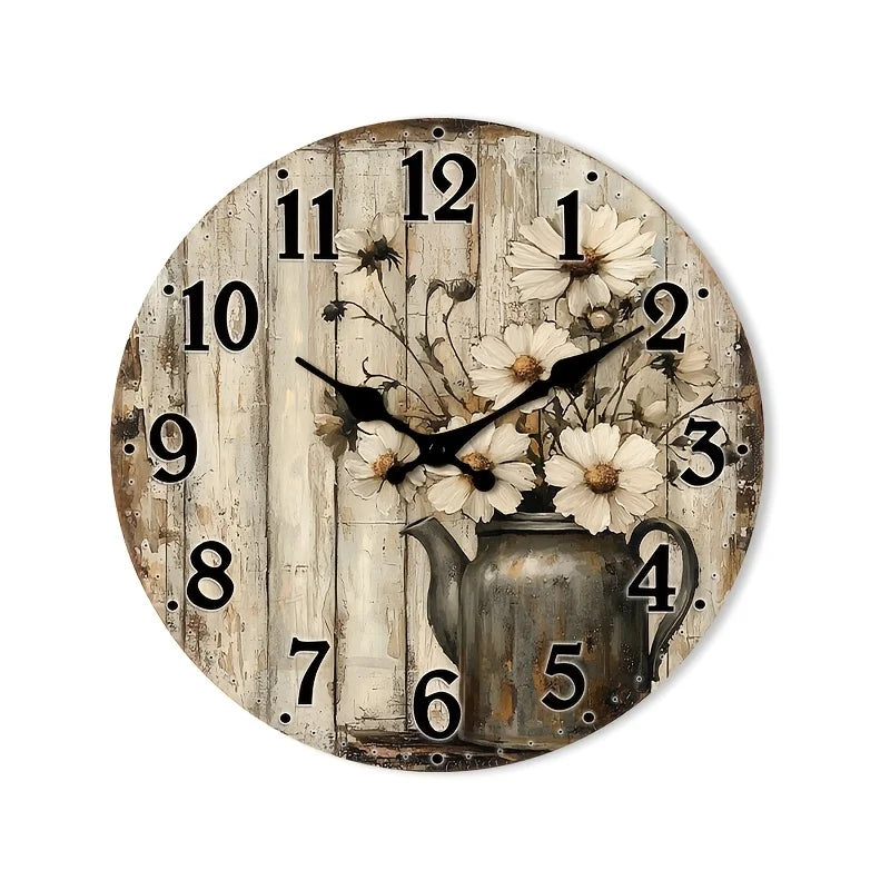 Wooden Wall Clock, Design with a Vintage Teapot With White Daisy, Available in 4 Sizes