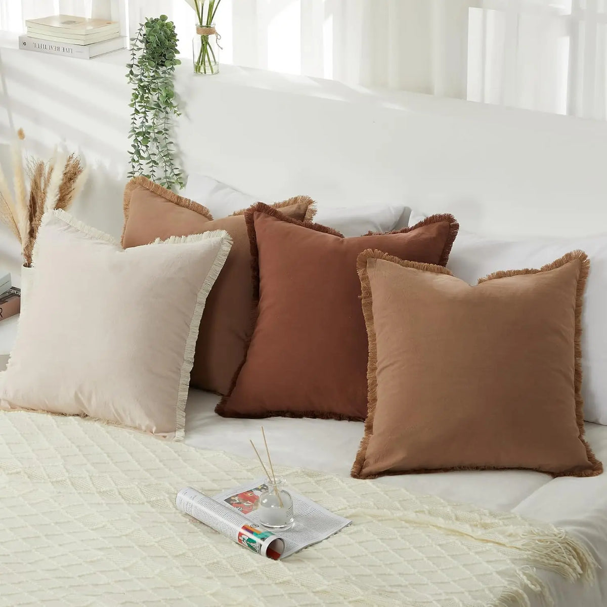 Washable Cotton Pillow Covers with Tassels – 4 Pack, 20x20 Inch,