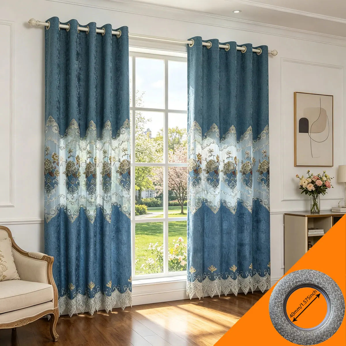 European Luxury Chenille Lace Embroidery Curtains 2 Panels, Lake Blue Grommet Window Drapes, 2 Sizes.....