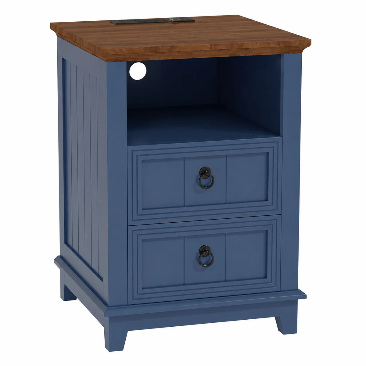 18 Inch Wood Nightstand with USB Charging Station 2 Drawer End Table, Blue