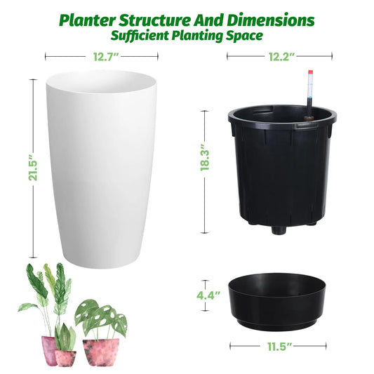21.5 Inch Tall Self Watering Planters Set Of 2 With Water Level Indicator...