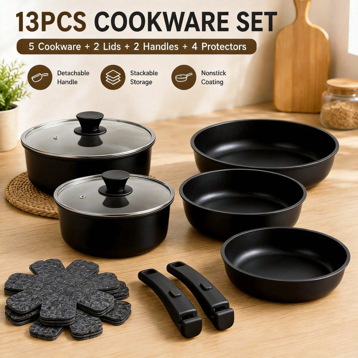 13PCS Nonstick Cookware Set With Detachable Handles, Matte Black Stackable Pots And Pans...