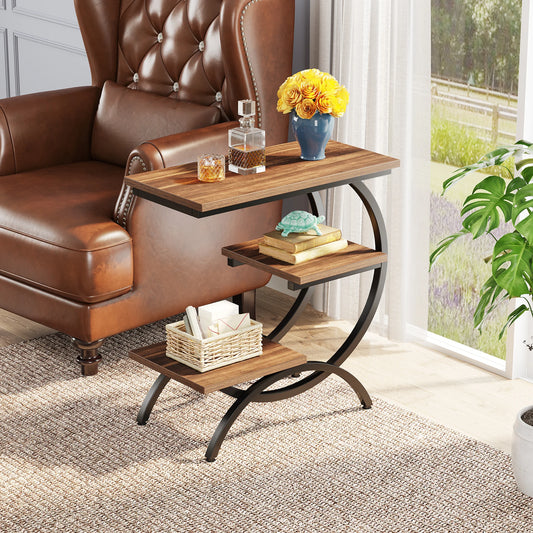 C-Shaped, Industrial 3-Tier Small, Wood Table with Storage Shelves