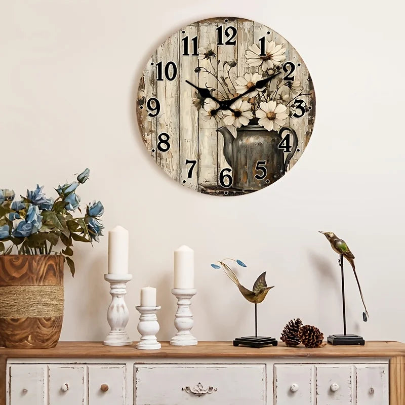 Wooden Wall Clock, Design with a Vintage Teapot With White Daisy, Available in 4 Sizes