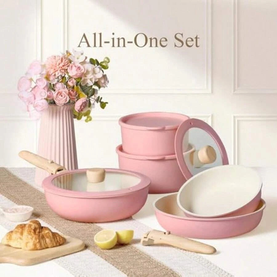 19pcs Non Stick, Cookware Set Detachable Handle, Dishwasher And Oven Safe, Pink, Black, Cream White And Sage Green....