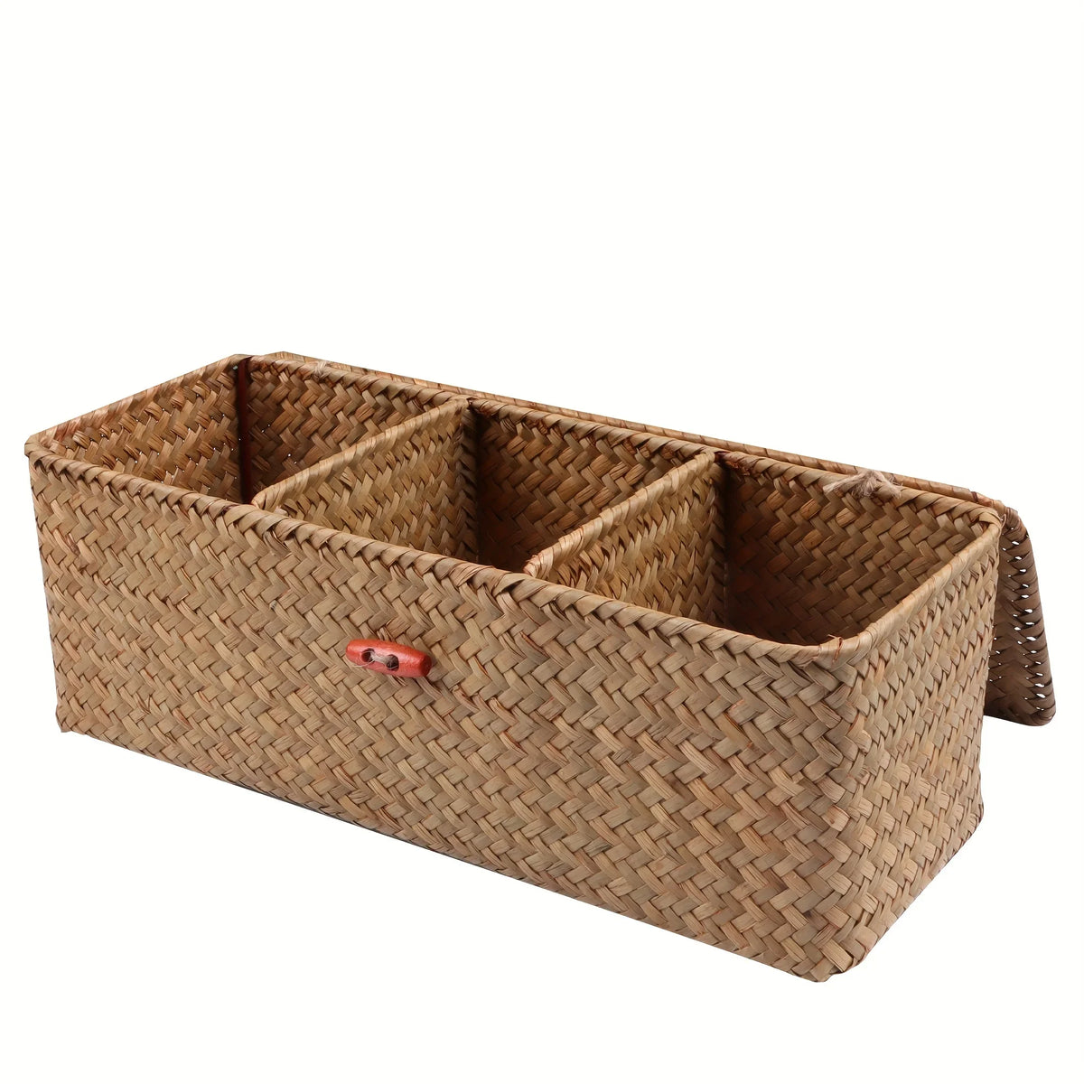 1 Bohemian style storage basket with lid, woven Wicker, with red button closure....