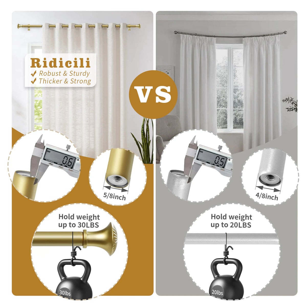1 Set 5/8 Inch Diameter Heavy-Duty Curtain Rod, Telescoping, 5 Colors, 3 Sizes......