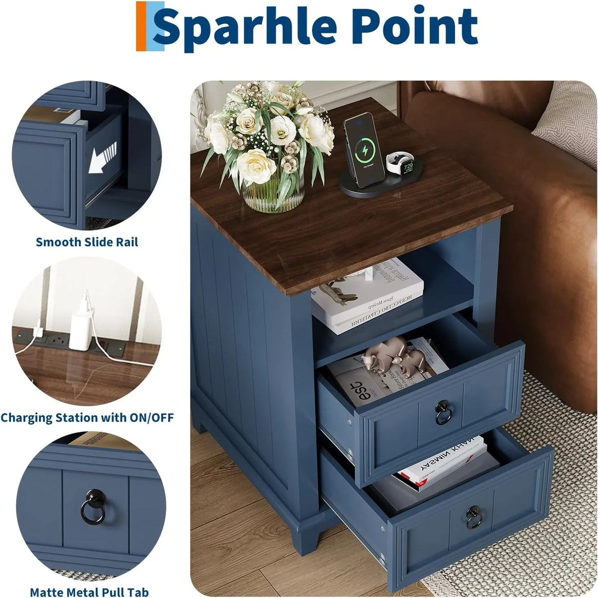 18 Inch Wood Nightstand with USB Charging Station 2 Drawer End Table, Blue