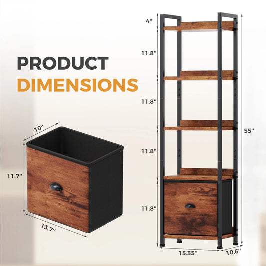 5 Tiers Metal Bookshelf with Fabric Drawer Freestanding Tall