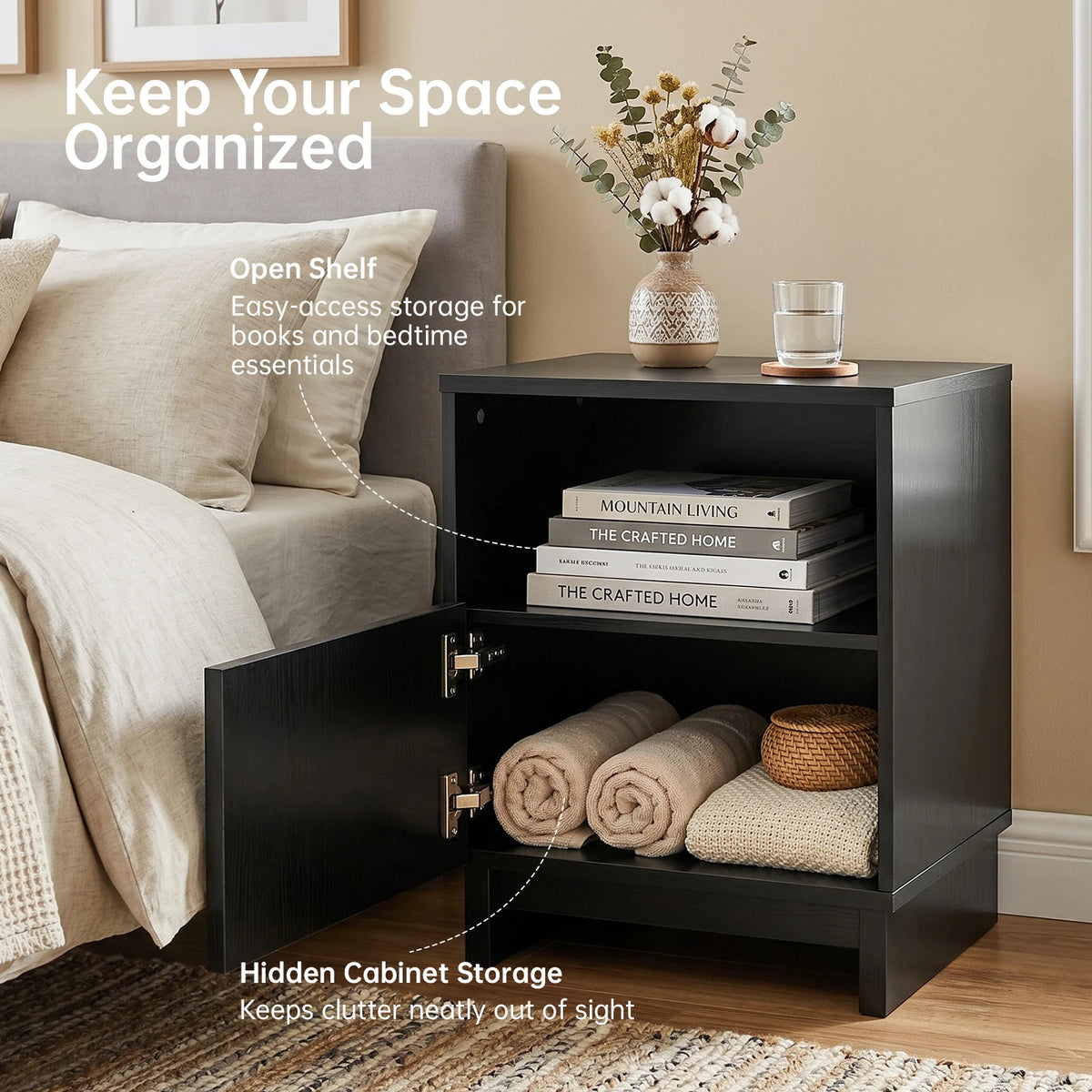 Fluted wooden Nightstand, 17.7 inch With Storage Drawers & Open Shelf...