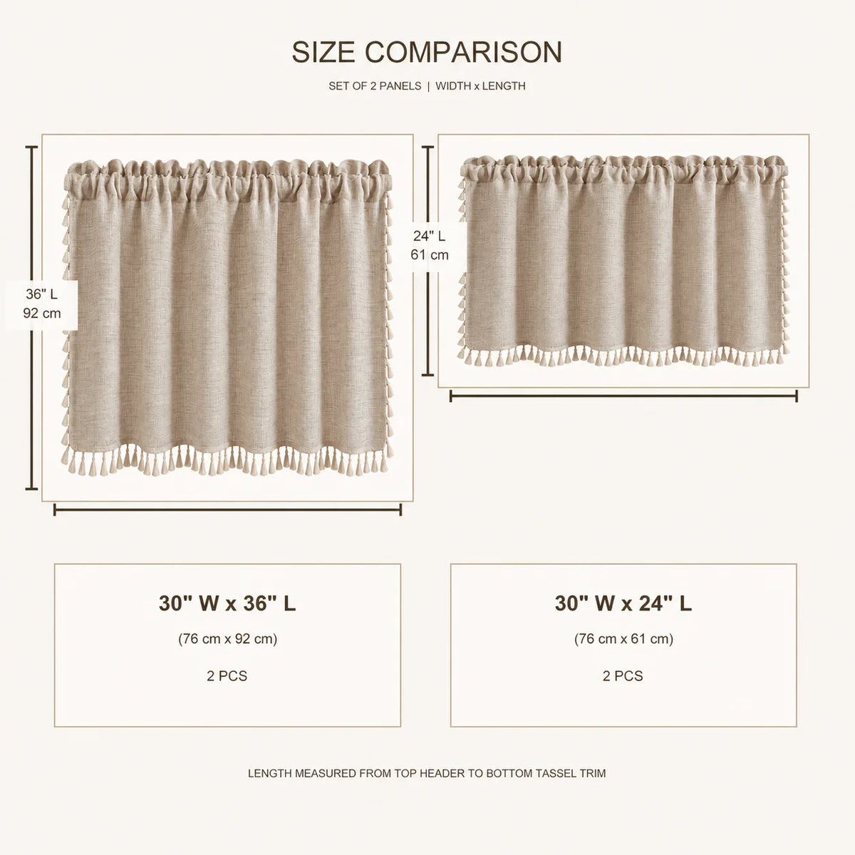 Beige Pinkish Curtains 30 inch Width 2 Panels, Sheer with Tassel for Kitchen Window Curtains, 2 Sizes