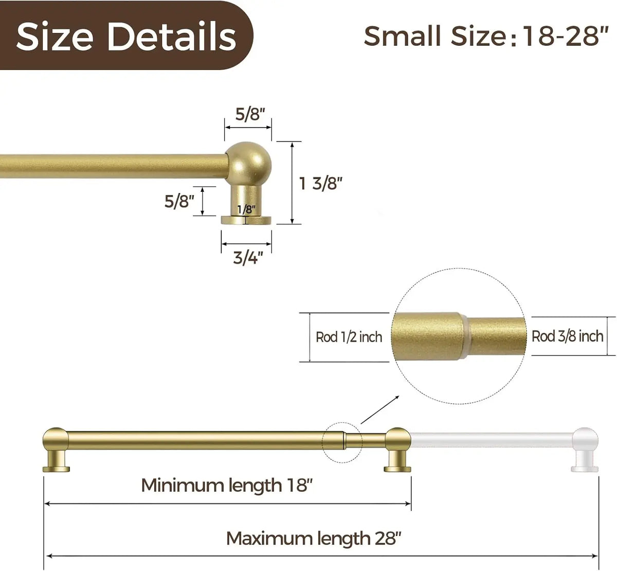 18-28 Inch Adjustable Curtain Rod with Rings, Inside Outside Mount For Kitchen, In Gold Or Black.....
