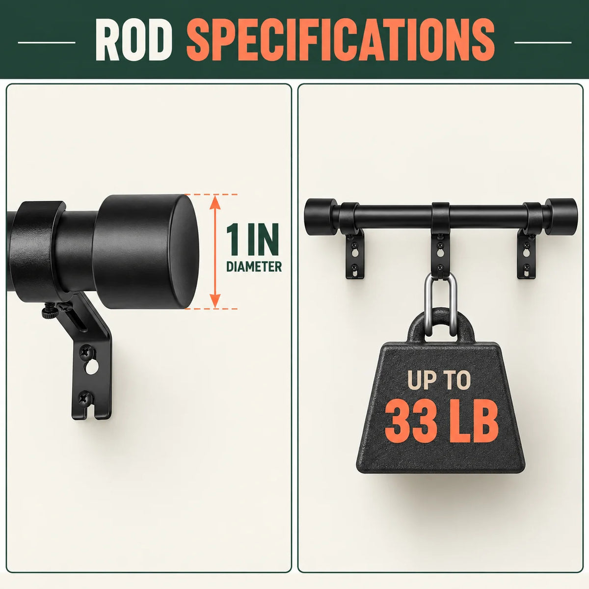 Black 30-144 Inch Adjustable, Telescopic Curtain Rod Set with Brackets 1 Inch Diameter for Living Room Bedroom Window